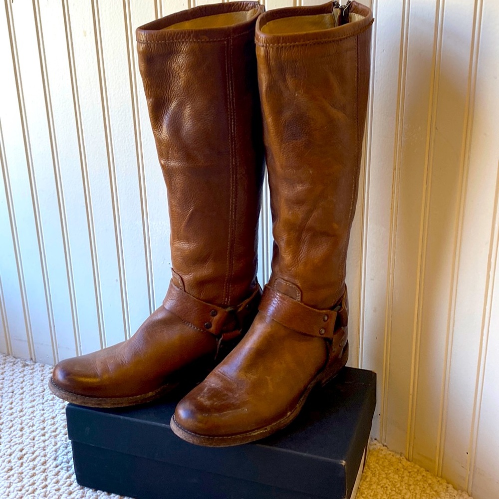Frye Biker Boots Brown Natural Leather Size 6B EUC